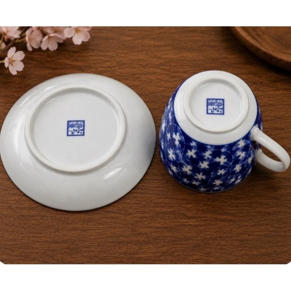 Japanese Blue And White Porcelain Tea Cup Saucer Set, Arita Style Floral 4